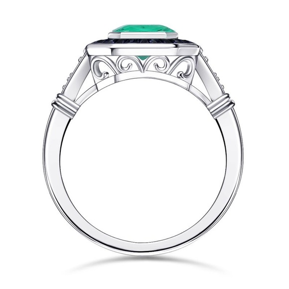 Vintage Emerald Cut Emerald Sapphire Engagement Ring 925 Sterling Silver - Picture 5 of 6